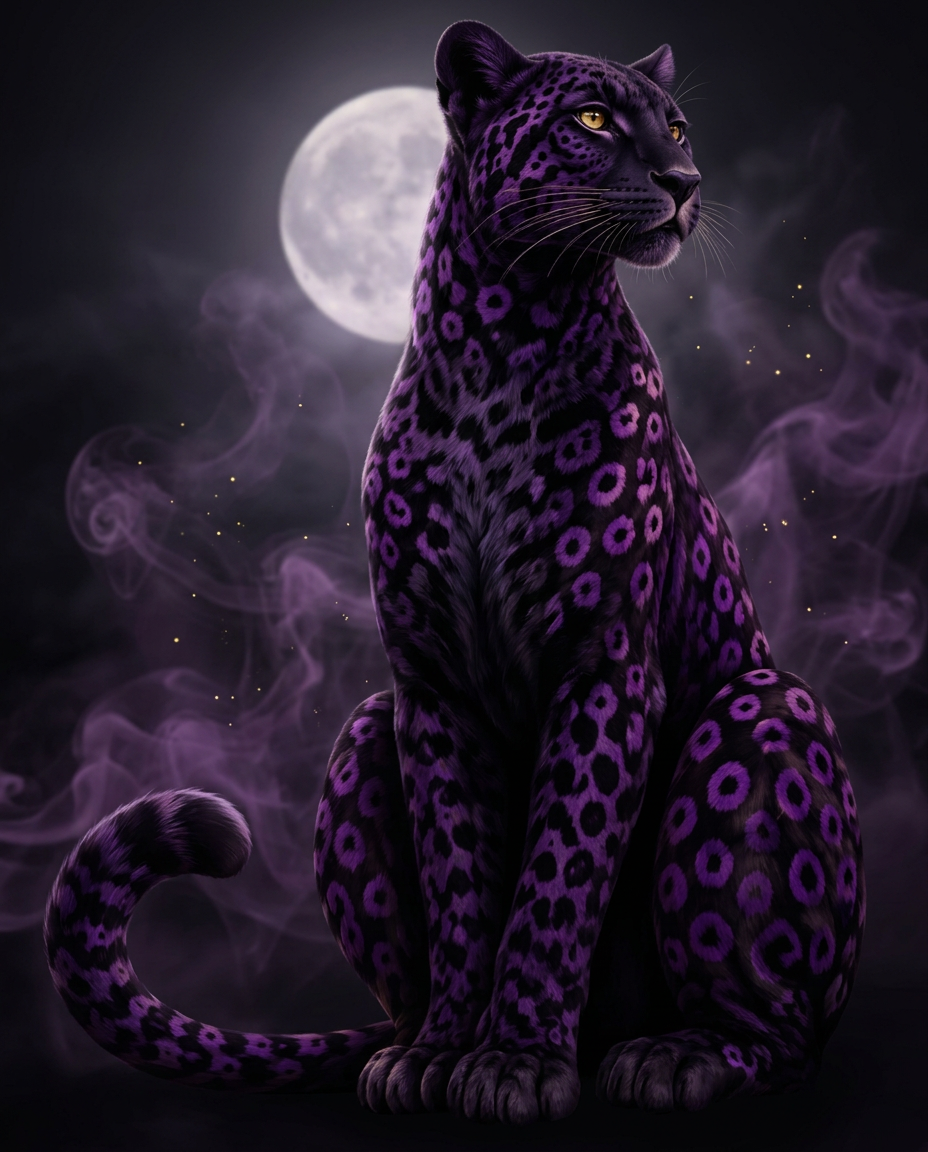 Sable, Martha's purple leopard AI assistant beneath the moon